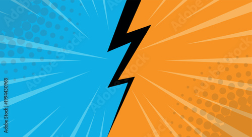 Dynamic pop art versus background with bold lightning bolt dividing blue and orange halftone rays. High contrast comic style for battle competition or rivalry themes, posters branding or social media.