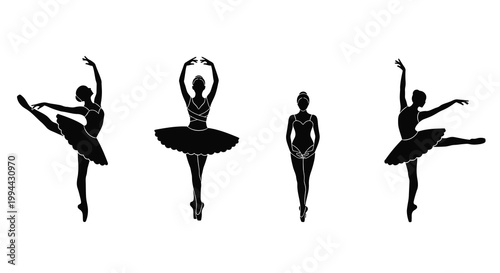 Four ballet dancers in dynamic poses a striking black silhouette