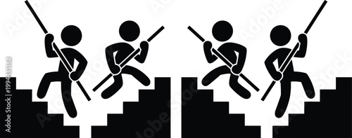 Two pairs of figures wielding spears on elevated platforms with staircases