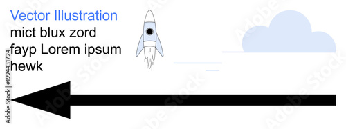 Space exploration, innovation, direction, progress, technology, futuristic design. A rocket launching next to a large black arrow and cloud. s space exploration and innovation