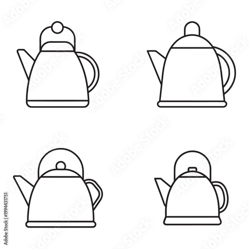 Collection of four different kettle line icons in various views  tea pot designs