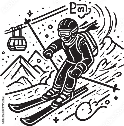 Skilled skier gliding down snowy slopes with ski lift in the background Vector