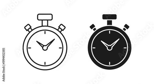 Set of minimalist stopwatch icons in outline and solid black styles for time management, sports performance tracking, and deadline monitoring in professional business projects.