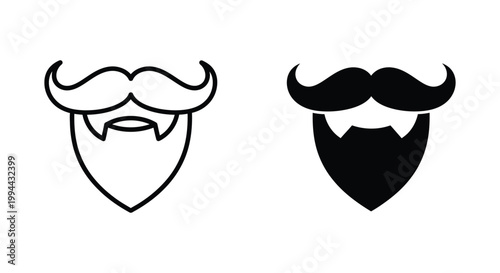 Minimalist beard and mustache icons in outline and solid silhouette styles for barber shop branding and men's grooming identity