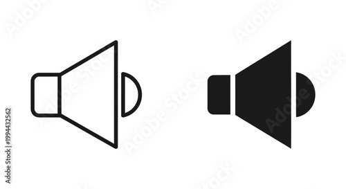 Minimalist speaker volume icons in outline and solid black styles for digital user interface design, audio control settings, and multimedia application navigation.