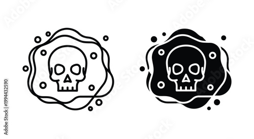 Set of two minimalist human skull icons in outline and solid black styles with abstract wavy shapes, perfect for hazard warnings, toxic labels, Halloween decor, and edgy streetwear branding.
