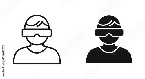 Minimalist virtual reality headset icons showing a person wearing VR goggles in outline and solid glyph styles for metaverse, gaming, and digital technology interfaces.