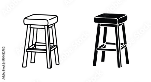 Set of minimalist wooden bar stool icons featuring outline and solid black silhouette styles for modern kitchen and cafe interior design projects