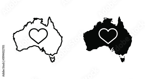 Minimalist Australia Map Icons in Outline and Solid Silhouette Styles Featuring a Heart Symbol for Patriotism, Travel Branding, and National Support