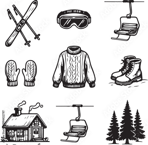 Winter sports and mountain lodge essentials illustration collection Vector