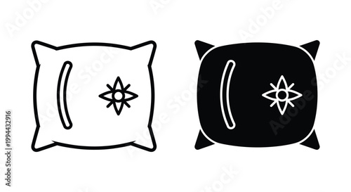 Set of minimalist pillow icons in outline and solid black styles, designed to represent comfort, restful sleep, and fresh bedding for modern bedroom decor or luxury hotel branding.