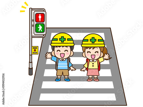 横断歩道を渡るヘルメットをした子供のイラスト素材3