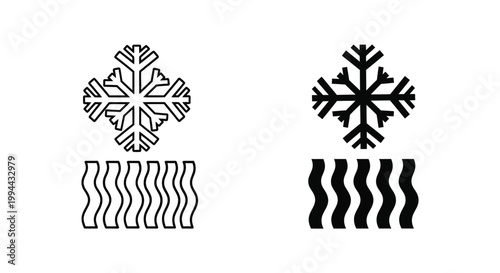 Minimalist air conditioning and cooling system icons featuring snowflakes and wavy air flow lines for HVAC control panels and refrigeration interface design