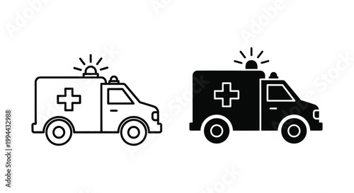 Set of two ambulance icons featuring outline and solid silhouette styles for emergency medical services, healthcare transport, and first responder digital design.