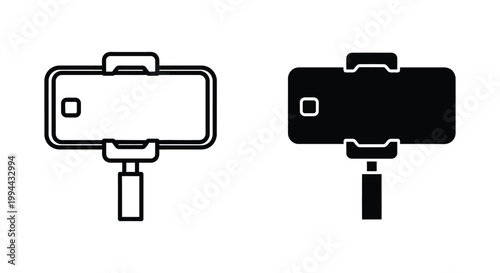 Minimalist smartphone on selfie stick icons in outline and solid silhouette styles for mobile photography and vlogging concepts