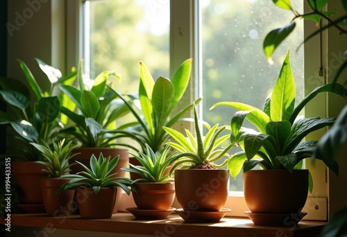 Sunny Windowsill with Diverse House Plants in Pottery; Lush Greens with Textured Leaves Catching Warm Sunlight