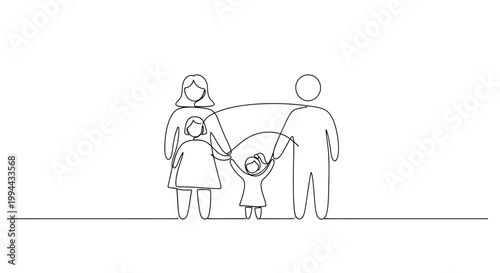 Minimalist Line Art Family Portrait: Parents Holding Hands with Two Children