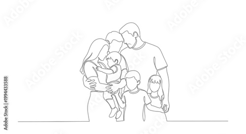 Happy Family Portrait, Parents Holding Children, Line Art Sketch, Simple Minimalist Drawing