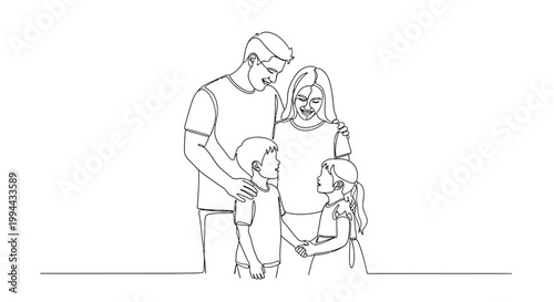 Happy Family Portrait: Parents and Two Children in Continuous Line Art Style