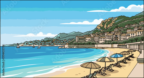 Idyllic coastal town with beach, sailboats, and sunbathers under umbrellas