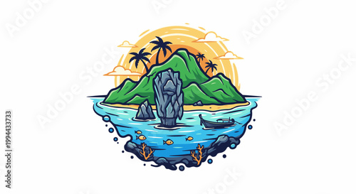 Idyllic tropical island with lush green mountains, sandy beach, calm azure water, palm trees, and a distant boat