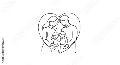 Heart Embrace: Minimalist Family Portrait with Two Children, Continuous Line Art