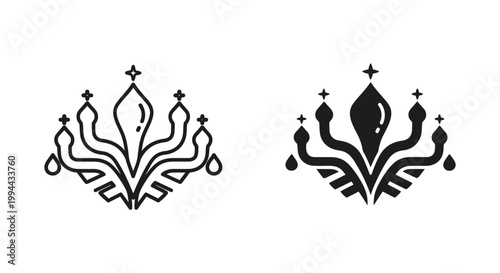 Elegant chandelier and candelabra icon set in outline and solid silhouette styles for luxury branding and interior design logos