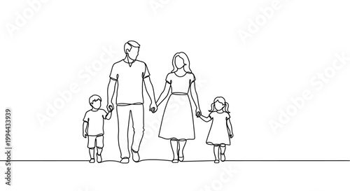 Continuous line drawing of a happy family walking hand-in-hand