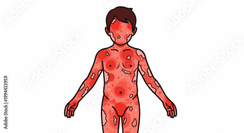 Illustration of a human body showing patchy red areas of varying intensity