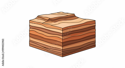 Illustration of a geological cross-section cube showing distinct rock strata