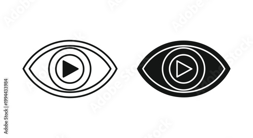 Set of minimalist eye icons with integrated play button symbols, representing digital video streaming, visual media monitoring, and online content consumption for modern UI design.