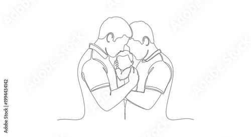 Gay couple holding newborn baby, minimalist line art, family love concept