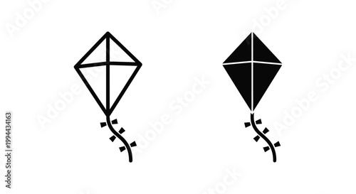 Minimalist kite icons in outline and solid silhouette styles representing childhood play and outdoor summer activities for modern web and app design