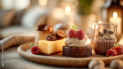 Small selection of desserts being arranged on a table in soft warm lighting, minimal decor
