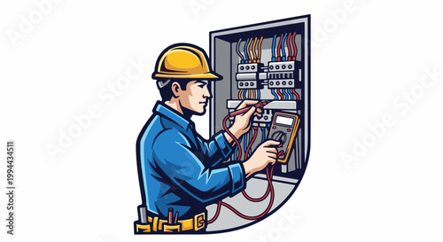 Illustration of an electrician in a yellow hard hat inspecting an electrical panel with a multimeter