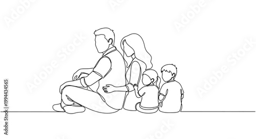 Family Sitting Together One Line Drawing, Parents and Children Back to Back