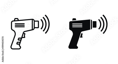 Minimalist non-contact infrared thermometer icons in outline and solid styles for medical health screening, fever detection, and industrial temperature monitoring in professional environments.