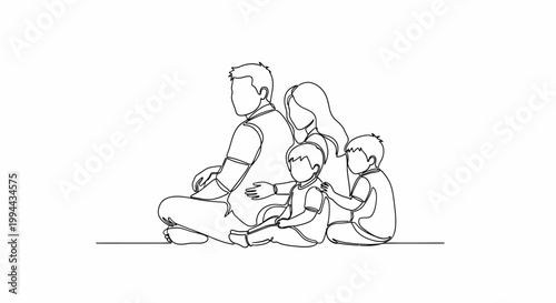 Minimalist Line Art Family Portrait: Parents and Two Children Sitting Together