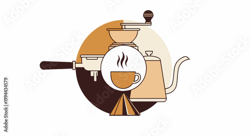 Illustration of coffee brewing tools, including a grinder, portafilter, kettle, and cup