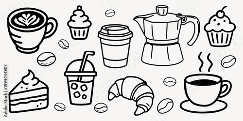 Coffee-themed doodle illustration elements vector set