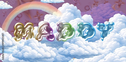 Maddy name. Colorful 3D Cloud Fantasy Background with Glossy Balloon Letters. Dreamy Sky, Stars and Soft Clouds Illustration.