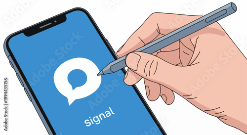Hand uses stylus on blue smartphone screen with white chat bubble icon and text