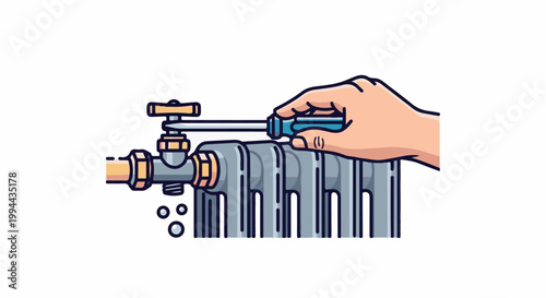 Hand using screwdriver to adjust radiator valve, water droplets visible