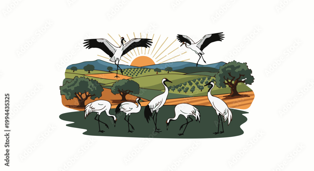 Obraz premium Graceful cranes grace a sun-drenched, rolling landscape with lush trees