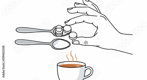 Hand adding sweetener or pills to a spoon of sugar for a steaming cup of coffee