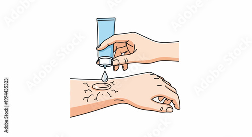 Hand applying lotion from a tube onto skin with small marks