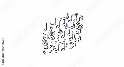 Hand-drawn musical notes and symbols in black outline with a few colored accents