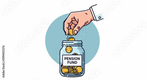 Hand deposits coins into a glass jar labeled "PENSION FUND" against a blue circle
