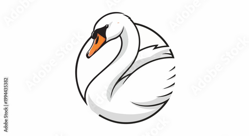 Graceful white swan with orange beak and black eye, outlined in black, set against a white background