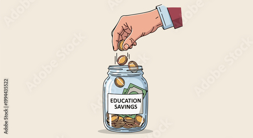 Hand drops coins into a jar labeled "EDUCATION SAVINGS" with money inside